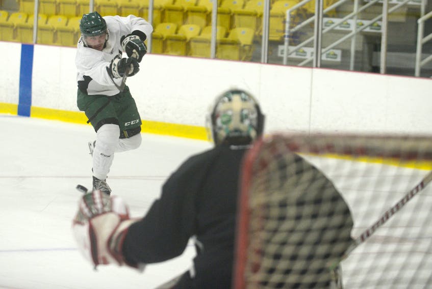 Second-year forward Drake Pilon fires a shot on goal during the first practice of the UPEI Panthers’ 2020-21 men’s hockey season Monday at MacLauchlan Arena.