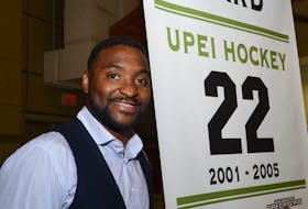 Joel Ward played hockey for the UPEI Panthers from 2001-02 to 2004-05 and had a banner with his name and jersey number on it raised at MacLauchlan Arena in 2016.