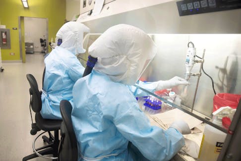 Scientists work in VIDO-InterVac's containment level 3 laboratory, where the organization is currently researching a COVID-19 vaccine, at the University of Saskatchewan in Saskatoon.