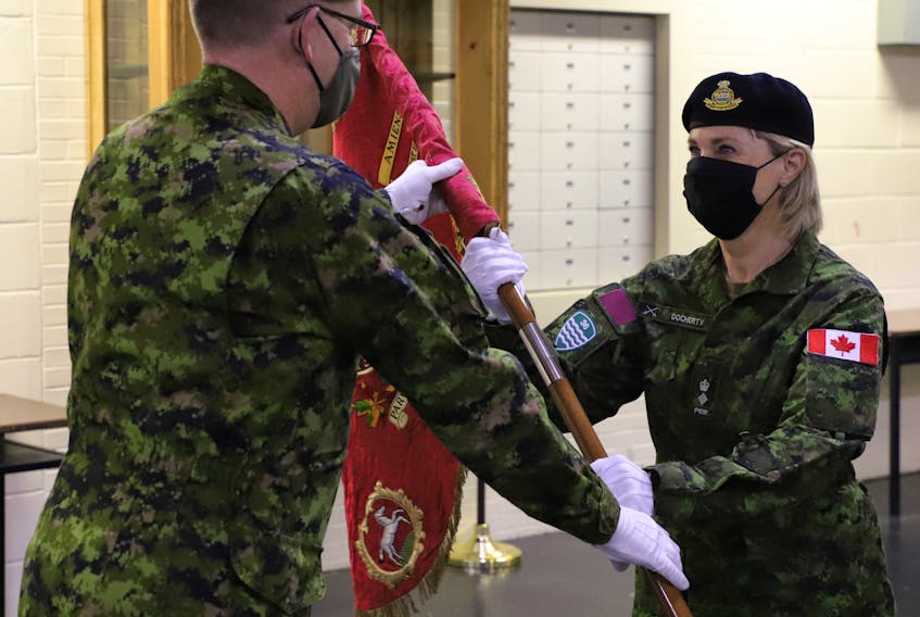 Former provincial cabinet minister Valerie Docherty, right, shown accepting the regimental guidon from P.E.I. Regiment commanding officer, Lt.-Col. Glenn Moriarity, has been named the first female honorary lieutenant-colonel of the P.E.I. Regiment. Docherty becomes the 10th person to hold the post since the regiment was formed at the end of the Second World War. The eldest son of Valerie and her husband Alex was a member of the Canadian Armed Forces for 13 years. As an honourary member of the regiment, Docherty is a guardian of the regimental traditions and history and will serve as an ambassador. She will attend significant military and public events and be responsible for fostering spirit and developing strong community support for the unit. Honorary appointments, which generally run three years, are approved by the minister of National Defence after receiving recommendations through the chain of command. Contributed