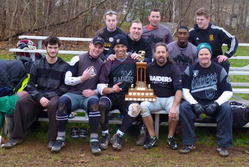<p>The Valley Raiders have regained the Valley touch football title after a 35-25 win in the championships Nov. 30. From left, in front, are Mike Boylen, Dana Trenholm, David McDowell, José Lefebvre and Geoff Piers. In the middle row are Greg Wheeler and Deshawn States. In back are Zach Gouthro, Junior Leblanc and Jake Melanson. Missing from the photo are Chris Livingston and Jason Clark. - Submitted</p>