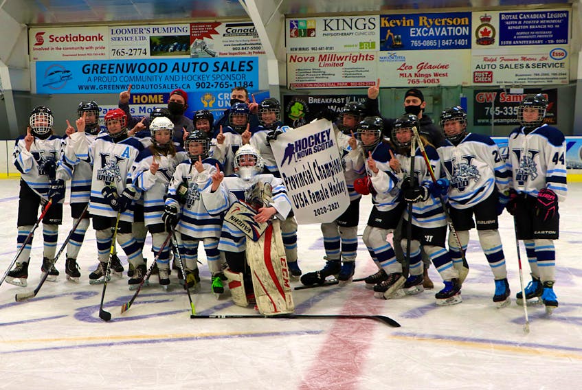 Valley Wild U15 A Girls clinched the 2020-21 provincial championship banner in a 5-1 victory against the Metro West Force on March 28. – Adrian Johnstone