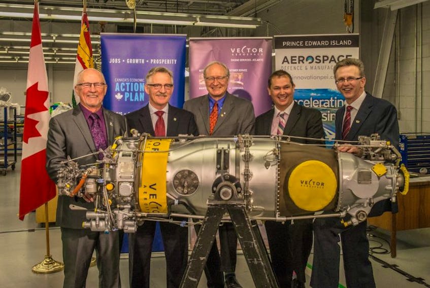 <p>From left are, Arnold Croken, General Manager of the Summerside Regional Development Corporation; Gerald Keddy,  Parliamentary Secretary to the Minister of Agriculture, to the Minister of National Revenue and for the Atlantic Canada Opportunities Agency; The Honourable Wade MacLauchlan, Premier of Prince Edward Island; Jeff Poirier, President of Vector Aerospace Engine Services - Atlantic; and Shawn McCarvill, President of Slemon Park Corporation.</p>