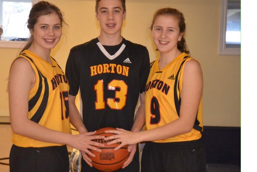The Veinots of Port Williams are a real basketball family. Jennika, left, in Grade 12, and twins Keevan and Jayda, in Grade 10, have all played, and continue to play, key roles on whichever team they play. Currently, all three are playing D-1 basketball at Horton.&nbsp;