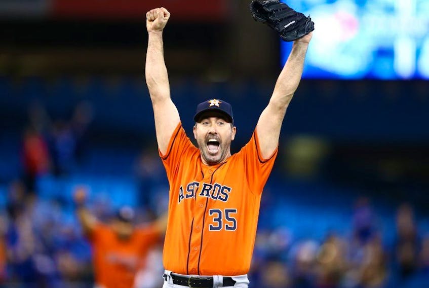 Astros pitcher Justin Verlander celebrates his no-hitter of the Jays on Sunday. GETTY IMAGES