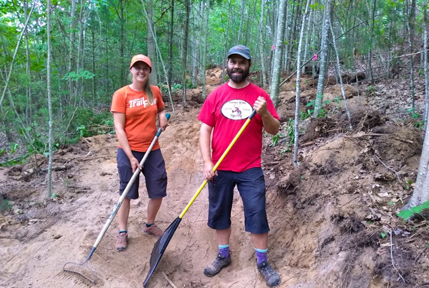 Michelle Marcinkiewicz, left, and Ryan Lindh of TrailFlow Outdoor Adventures, with the help of community volunteers, have been hard at work repairing and upgrading the trails in Kentville's Gorge complex and constructing a new short-track trail adjacent to Memorial Park. The work is being done in preparation for the second annual Kentville Canada Cup 2019 mountain mike event set for Aug. 16-18.