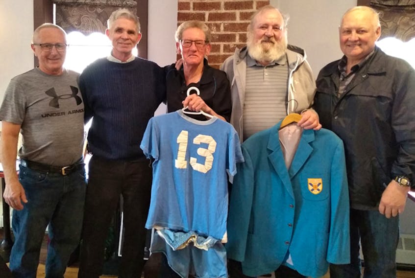 Five of the surviving members of the 1969 Nova Scotia Canada Games soccer team are shown at a recent 50th reunion at the Kings Arms Pub in Kentville. Left to right, are Bernie Davies, Peter Lang, Claude Davidson, Freeman Schofield and Laurie Munroe. All but two of the players were students at Horton District High School. Team Nova Scotia ended up fourth in men's soccer at the first-ever Canada Summer Games held in Halifax-Dartmouth in the summer of 1969.