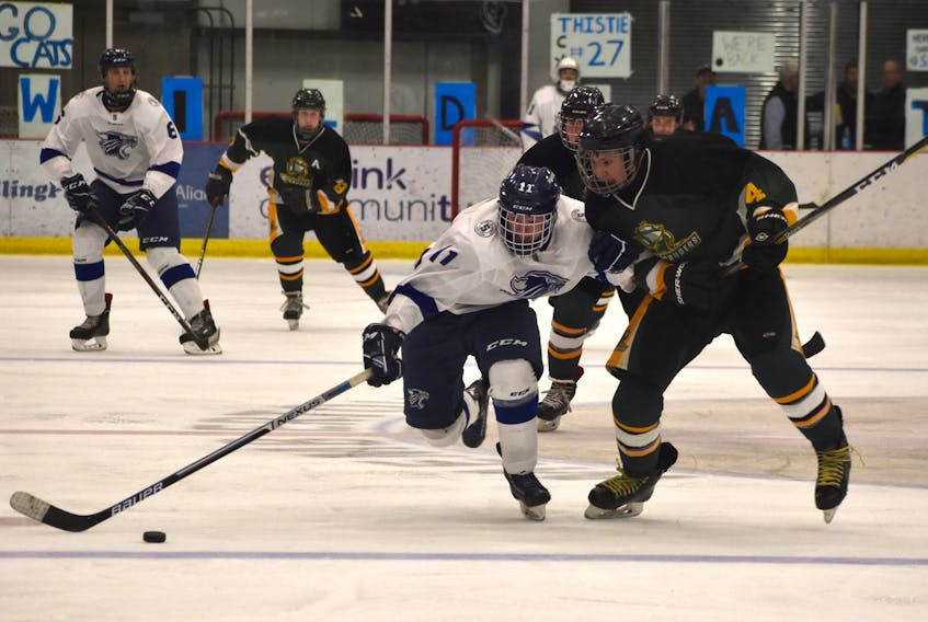 In this file photo, Alex Arsenault of the Sydney Academy Wildcats, left, carries the puck as he’s pressured by Cole Jessome of the Memorial Marauders during Cape Breton High School Hockey League action at the Membertou Sport and Wellness Centre last season. The high school hockey league officially began its regular season on Wednesday, however due to COVID-19, there are changes this season. JEREMY FRASER/CAPE BRETON POST