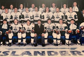 The Cape Breton Pepsi Islanders, who competed in the Maritime Junior Hockey League during the 1996-97 season. From left, front row, Dmitri Boshkov, Fred Janes (assistant coach), Derrick MacCormack, Ryan Mair, Blair (Bearcat) Joseph (head coach), Kirk Furey, Chris Angione, Gordie Turnbull (assistant coach) and Cory Doucet; middle row, Sid Rowe (media communications), Welsey Swain, Chris Cahoon, Chris Neville, Patrick Lamey, Troy Milne, Andreas Nannos, Craig Lynk, Allan Young (assistant equipment manager) and Dave LeBlanc (president and general manager); back row, Stan Gillis (transportation), Kevin Parks, Charlie Aucoin, Ross Sampson, Justin Johnson, B.J. Gallivan, Carl MacKinnon, Craig Campbell and Buddy Clifford (head trainer and equipment manager). Greg Lynch was the team's major sponsor. CONTRIBUTED • BLAIR JOSEPH