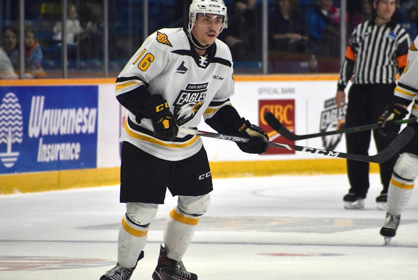 Shawn Element on the Cape Breton Eagles has appeared in 13 games with the team since coming over in a trade from the Acadie-Bathurst Titan last month. The 19-year-old hasn’t had a problem fitting into the team’s roster, having notched 11 goals and 16 points since his arrival. JEREMY FRASER/CAPE BRETON POST