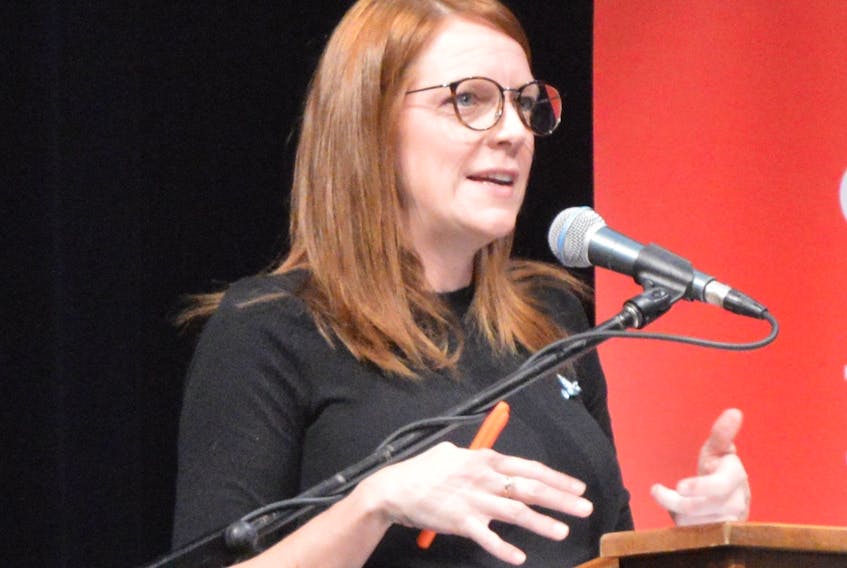 Amanda McDougall discusses the issues at the recent all-candidates forum at the Membertou Trade and Convention Centre. DAVID JALA/CAPE BRETON POST