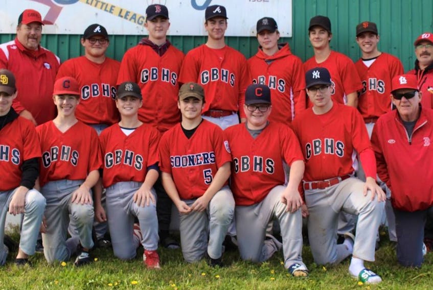The Glace Bay Panthers will play for the Nova Scotia School Athletic Federation Division 1 baseball provincial title today when they face the Citadel Phoenix of Halifax. Team members include, from left, front, Kolby Campbell, Brayden McDonald, Keegan O’Neill, Connor MacIntyre, Dylin White, Adam Hicks and Ricky Wiseman, manager; back, Sheldon Burke, coach, Robert Gillis, Dawson Byrne, Mitchell MacDonald, Brady Doucette, Logan Snow, Jared Hicks and Allen Gillis, coach. Also with the team is Parker Hanrahan. CONTRIBUTED