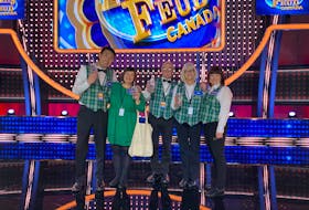 The Samson family from Little Bras d’Or travelled to Toronto to tape their appearance on Family Feud Canada earlier this week. The family is shown during a visit to the set in December, but the taping got postponed. From left are Yoshi Kitamura, his wife Holly (Samson) Kitamura, Harold Samson, Liz Samson and Megan Samson. CONTRIBUTED