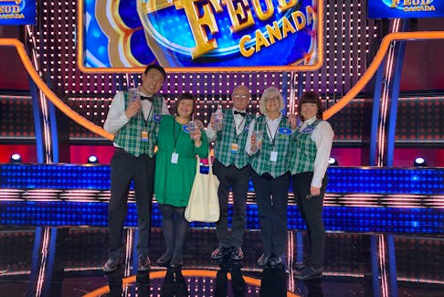 The Samson family from Little Bras d’Or travelled to Toronto to tape their appearance on Family Feud Canada earlier this week. The family is shown during a visit to the set in December, but the taping got postponed. From left are Yoshi Kitamura, his wife Holly (Samson) Kitamura, Harold Samson, Liz Samson and Megan Samson. CONTRIBUTED