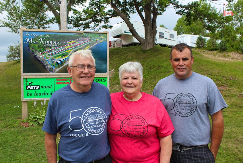 The Gillis family is shown near the entrance of MacKinnon’s Campground in East Lake Ainslie. This year will mark the 50th anniversary of the campground for owners Michael and Karen Gillis. From left, Michael Gillis, Karen Gillis, and son Mike Gillis. JEREMY FRASER/CAPE BRETON POST