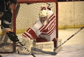 Riverview Redmen goaltender Michael MacMullen will play in his third and final Red Cup Showcase high school hockey tournament this week in Coxheath. The Sydney River native enters the tournament with a perfect 8-0 record in the Cape Breton High School Hockey League. JEREMY FRASER/CAPE BRETON POST