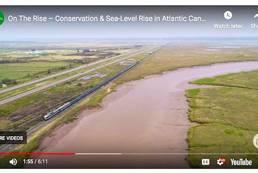 Ducks Unlimited has created several videos as part of its awareness campaign on sea-level rise. The above screenshot depicts how the railway across the Tantramar Marsh was built on top of the old Acadian dike and serves as protection for the Trans-Canada Highway. If the dike were to be breached and the railway floods, tens of millions of dollars in trade would be lost every day and Nova Scotia would become an island.