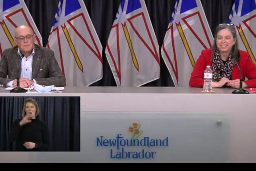 Health Minister Dr. John Haggie and Chief Medical Officer of Public Health Dr. Janice Fitzgerald during the first COVID-19 media briefing of 2021. VIDEO IMAGE