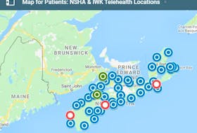A map of virtual care locations in Nova Scotia. Virtual Care uses audio/video technology to connect patients with Nova Scotia Health Authority and IWK Health Centre health-care providers. CONTRIBUTED