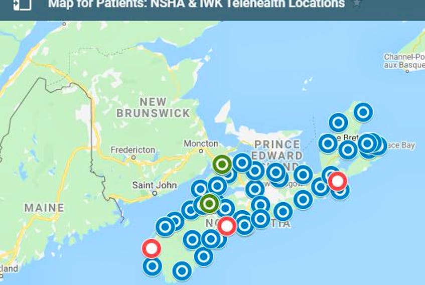 A map of virtual care locations in Nova Scotia. Virtual Care uses audio/video technology to connect patients with Nova Scotia Health Authority and IWK Health Centre health-care providers. CONTRIBUTED