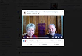 Rev. Dorothy Miller, left, and Kenneth Alexander were smiling and laughing during the first part of their Facebook Live faith service for Collieries Parish in Glace Bay. Like many churches in Cape Breton, Collieries Parish in Glace Bay has turned to online worship services, Bible studies and prayer meetings to help people connect while social gatherings of more than five people are forbidden in Nova Scotia. CONTRIBUTED 