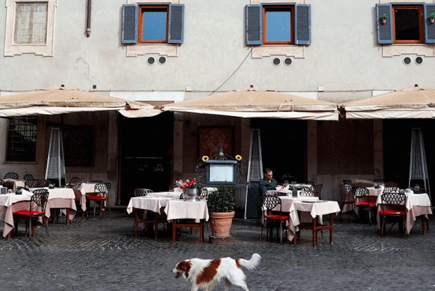  A dog passes in front of an almost empty restaurant in Trastevere area of Rome, after a decree ordered the whole of Italy to be on lockdown in an unprecedented clampdown aimed at beating the coronavirus.