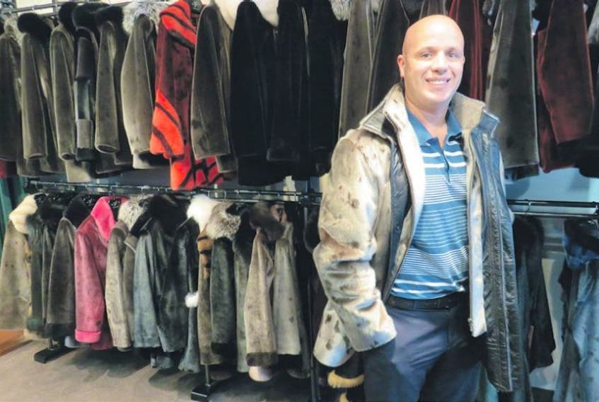 Darren Halloran, wearing a man’s all-seal fur jacket at Always in Vogue, St. John’s.
