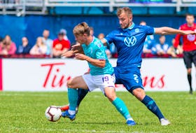  HFX Wanderers FC defender Peter Schaale, right, is one of the key players back with the team for a second Canadian Premier League season. He is shown during a 2019 game against Pacific FC at the Wanderers Games. (HFX Wanderers FC)
