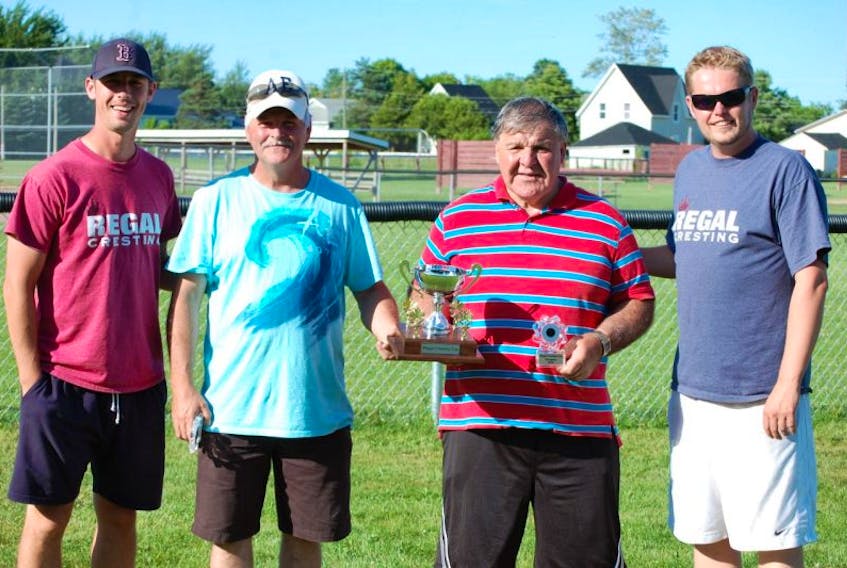 <p>Washer toss champs</p>
<p>The Miminegash team of Chet Ellsworth, second left, and Steve Gallant, second right, claim the P.E.I. Potato Blossom Festival’s first ever provincial washer toss championship trophy from Geoffrey Irving, left, owner of Regal Cresting, tournament sponsor, and Joey Dumville, organizer. The double knock-out tournament featured 32 teams.</p>
<p>Eric McCarthy/Journal Pioneer</p>