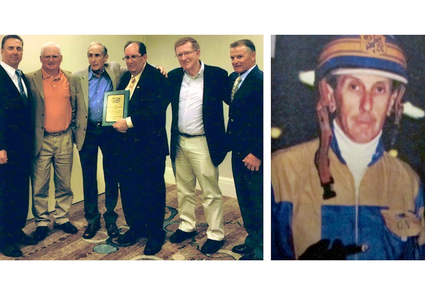 LEFT: Harness racing greats attended as Gerry Nelson was inducted into the Florida Harness Racing Hall of Fame in 2016. Joe Pavia Junior, left, Ronnie Waples, Nelson, Steve Wolf, Archie McNeil and 10,000 career race winner Wally Hennessey. RIGHT: Gerry Nelson in racing colours.