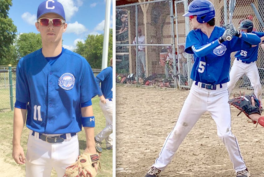 LEFT: Rowan Sears was brilliant for the Royals from his shortstop position and also swung a dangerous bat in Owen Sound, Ont. RIGHT: Outfielder Keegan Crowell, shown batting in national play, was outstanding for Colchester Royals.