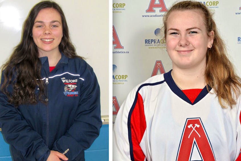 LEFT: Holly Masters, a coach in the Cyclones program, plays centre for CEC in high school hockey. RIGHT: Rhiannon Roy, a former Acadia university player, is an assistant coach with Wilsons Home Heating Cyclones.