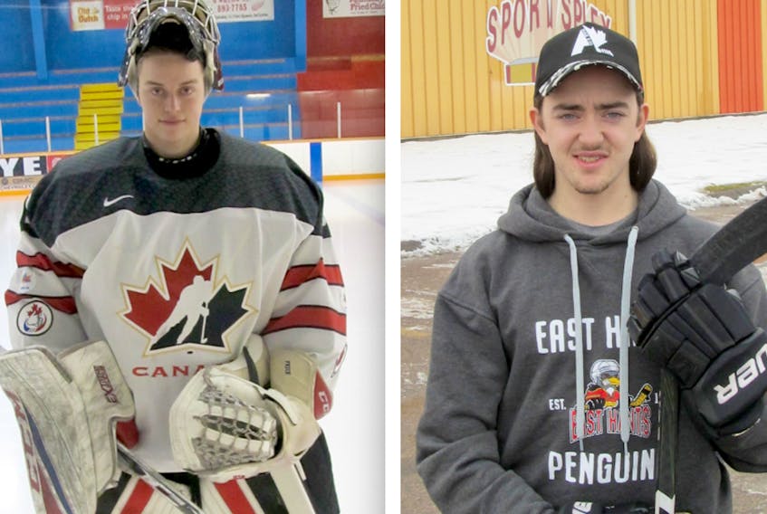 LEFT: Junior goaltender Brent Walters may be happiest when he’s stopping flying pucks. RIGHT: G.R. Walters spent much of his Christmas break at the Don Henderson Memorial Sportsplex in Brookfield.