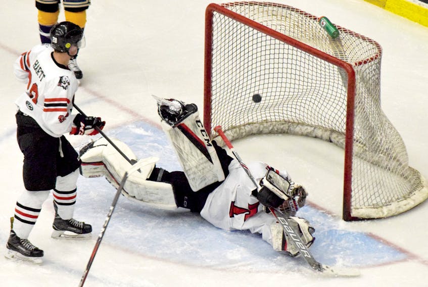 Truro Bearcats goaltender Myles Hektor makes a great effort, but is beaten on this shot during Game 4 action in a MHL semifinal series on Thursday against the Yarmouth Mariners. Yarmouth won 7-1 to sweep the best-of-seven series.