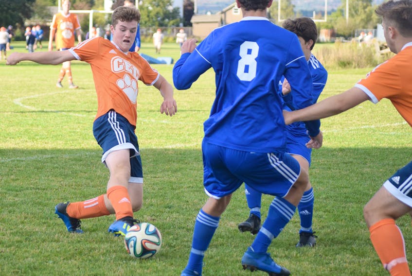 Colby Wolfe of the Cobequid Cougars controls the ball near mid-field during first-half action in Northumberland region high school boys soccer on Thursday in Truro. The Cougars blanked the Dr. J.H. Gillis Royals 4-0 to lock down first place in the regular season.