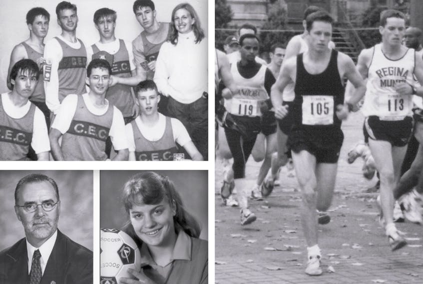 Three individuals and one team will be added to the CEC Wall of Fame during a ceremony on Dec. 22. Clockwise, from top left, the 1988-89 senior boys' cross-country team of, first row, from left, Aaron Weatherbee, Wayne Sampson and Joel Taylor; second row, Dan Hennigar, Pat Legge, Darren Ferdinand, Mike Bishop and coach Jennifer Auld-Cameron; cross-country runner Dan Hennigar (No. 105); Cindy (Montgomerie) Tye and David Higgins.