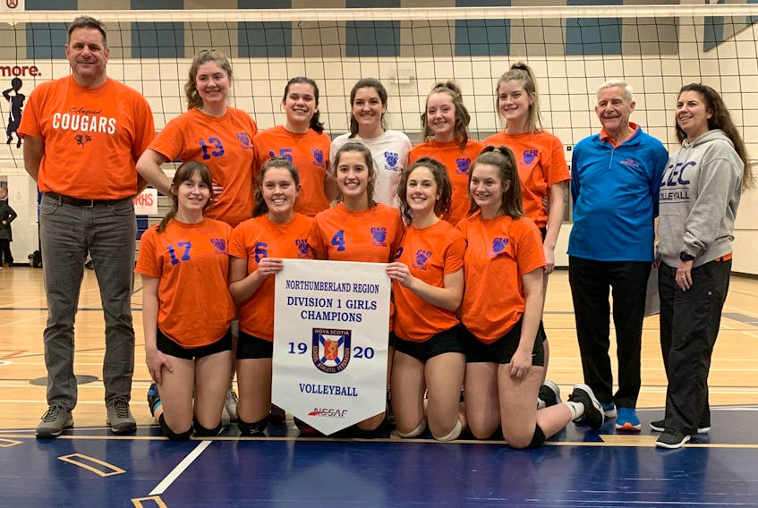 The Cobequid Cougars earned their spot at the NSSAF championship in Cape Breton after capturing top honours at the Northumberland regional championship tournament. Members of the Cougars are, front row, from left, Sydney Davidson, Marlee McQuillan, Emma Shive, Hannah Huntley and Molly Marquis; second row, coach Gilles Boudreau, Paige Crosby, Sarah Garrett, Erin Reeves, Ava Martin, Abbie Langille, Bob Piers and Suzanne Fougere.