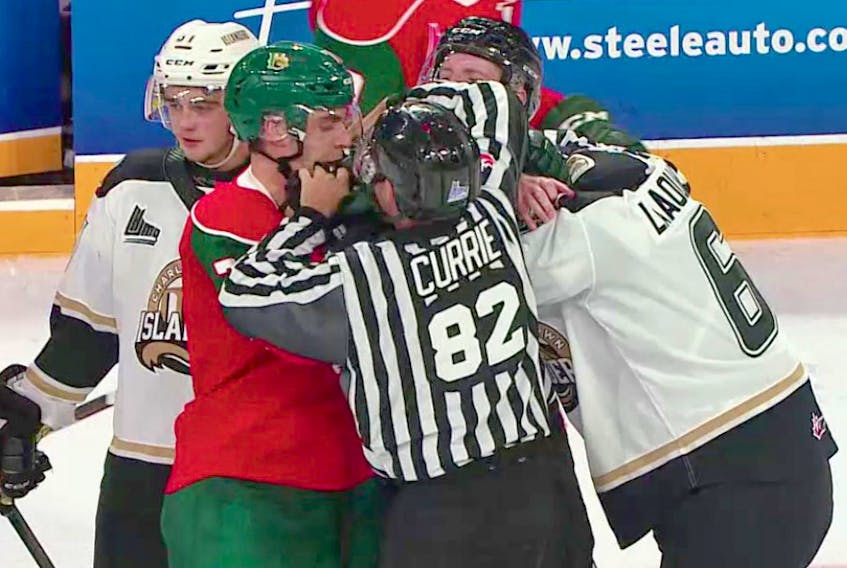 Masstown's Sam Currie had separate a few players during his QMJHL officiating debut last week in Halifax.