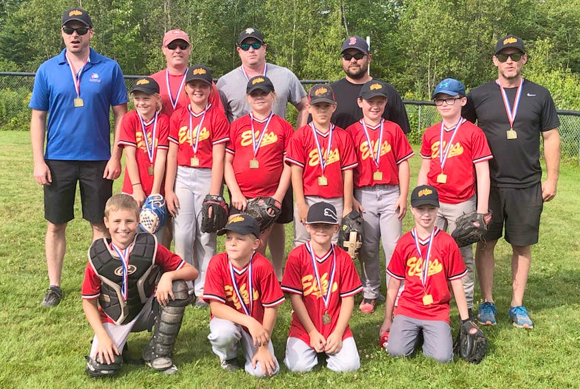 Members of the provincial champion Brookfield Elks fastpitch softball team are, first row, from left, Trent Euloth, Finn Grinton, Jack Grinton and Everett Boulton; second row, Ella Grinton, Brianna Cornelius, Mikael Fields, Cameron Isenor, Ewan White and Jacob Cogger; third row, coaches Mark Kennedy, Craig White, Mark Cogger, Shannon Isenor and Chris Cornelius.