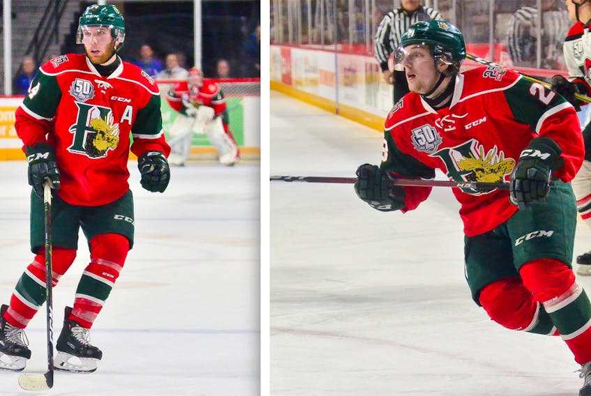 Jared McIsaac, left, and Ben Higgins will play for the Memorial Cup, beginning this weekend in Halifax. David Chan/Halifax Mooseheads