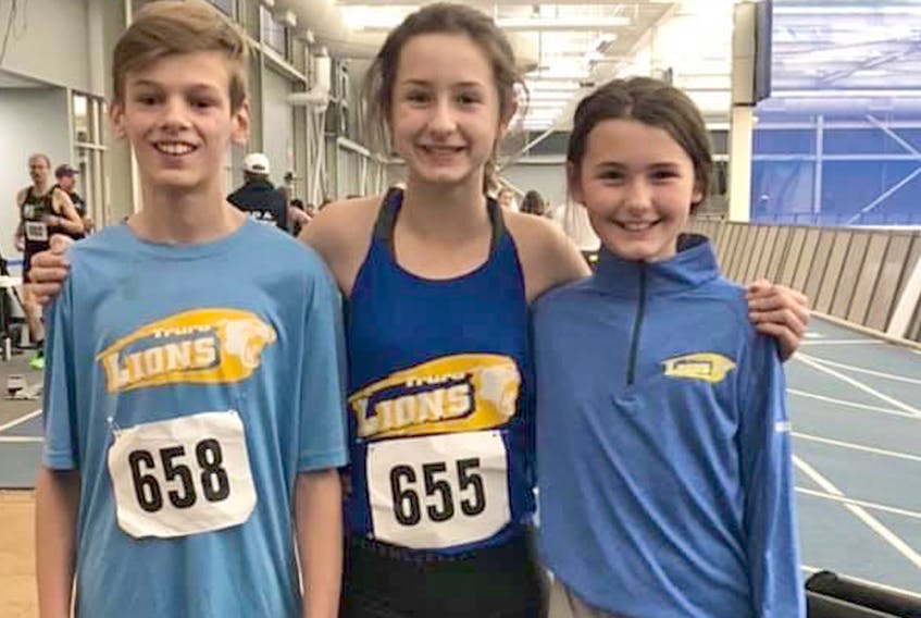 Isabella Gouthro set a new mark for the U14 60m dash in recent track and field competition. From left, Carter Myatt, Isabella Gouthro, and Olivia Gouthro. CONTRIBUTED PHOTO