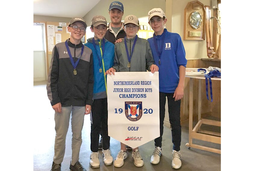 Members of the NSSAF Northumberland region boys golf champions, from left, are Zach Gaudet, Ryan Tam, Max Greatorex and Quinn Hayden. In back is coach Benn Boutilier. Missing from photo is alternate Bob Henderson.
