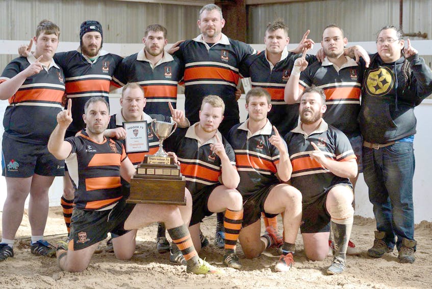 The Truro Saints men’s A rugby team won the Truro World Indoor 7s title last weekend at MacMillan Show Centre. The Titans edged Halifax 3-2 in the final to walk away with the trophy. Members of the team are, front row, from left, Dave Cotterill, Robert Foley, Luke Ferguson, Brett Johnson and Kaleb Haque. Second row, Justin Caddick, Doug Conrad, Robert Johnson, Bruce Casey, Morgan Elliot, Skylar Geldart and Dean Johnson Apukji’j.