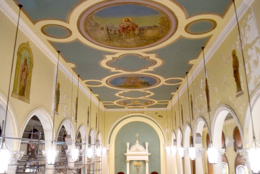 Work is being done at Saint Ninian Cathedral Church in Antigonish, including the restoration of the Twelve Apostles, some of which can be seen here on the walls.