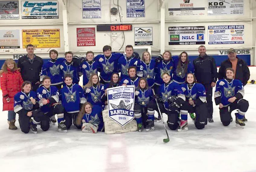 The Tatamagouche Titans bantam C squad captured the Wayne Waugh memorial hockey tournament after a 3-2 victory over the Westville Miners in the final. Members of the Titans are, front, Josie Cameron; middle, from left, Kaidan Johnson, Chase Tattrie, Evan Langille, Kennedy Cook, Breanna Lepper-Belliveau, Emery Sinclair, Caity Hiltz, Sumara Purdy-MacKenzie, Mikayla Tattrie and Lyle White; back, assistant coach Kathleen Johnson, coach Paul Cook, Ashton Bonnyman, Jonathan Murray, Cody MacKay, Aiden Millet, Caden Laurie, Maddy Lepper, Robin Dewar, Olivia MacLean, assistant coach Ian Langille and goalie coach Curtis Cameron.