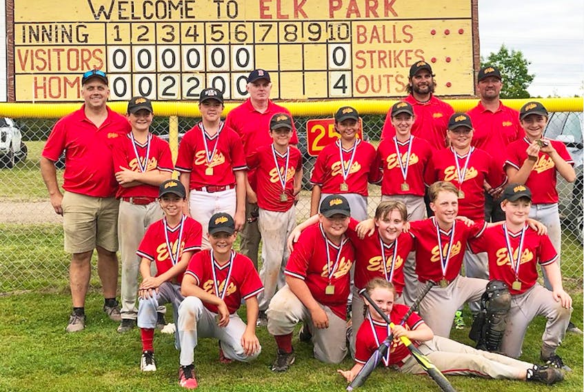 The Brookfield Elks were the class of the Nova Scotia U12 fastpitch championship tournament. The Elks allowed just three runs in five games on their way to winning provincial gold. Members of the Elks are, front, bat girl Chloe Maguire; first row, from left, Emily Gates, Rylan Sutherland, Cohen Mingo, Keegan Maguire, Gavin Harrison and Noah Lemmon; second row, coach Peter Matheson, Broden VanTassell, Matthew O’Hara, coach Craig Maguire, Porter Campbell, Kayla Kolstee, Kenzie Boyd, coach Brookes VanTassell, Raya Sutherland coach Brad Sutherland and Caleb Matheson.