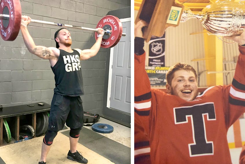 LEFT: Former Truro Jr. A Bearcat forward Jordan Wentzell training at the Bedford-based Osprey Athletics gym, earlier this month. Wentzell earned his way to nationals in May 2020, to be held in Kelowna, B.C. RIGHT: In the spring of 2014, Jordan Wentzell was lifting a Kent Cup over his head in recognition of team success. These days, it’s more weight and a different sport but goals are still being reached.