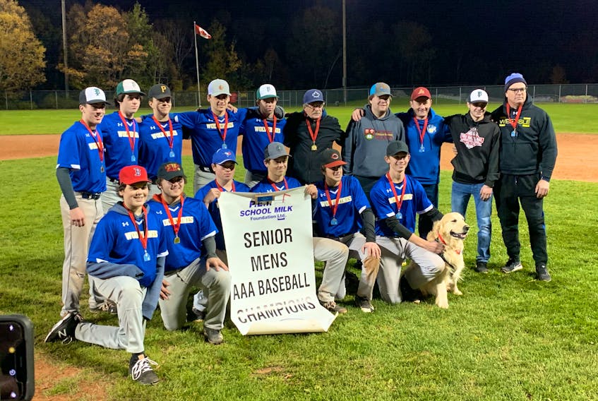 The Westisle Wolverines defeated the Bluefield Bobcats 2-0 at Memorial Field in Charlottetown on Tuesday night to repeat as P.E.I. School Athletic Association senior baseball champions. Members of the Wolverines are, front row, from left: Benjamin MacIsaac, Noah Stanfield, John Dorgan, Nathan Grigg, Carson MacArthur and Declan Campbell. Back row: Connor Ellsworth, Mike McRae, Garrett Culleton, Cole Robinson, Chandler DesRoches, Jim MacIntyre (coach), Bryce Wood (coach), Trevor Wood (coach), Chase Gaudette (coach) and Jack McCabe (coach).