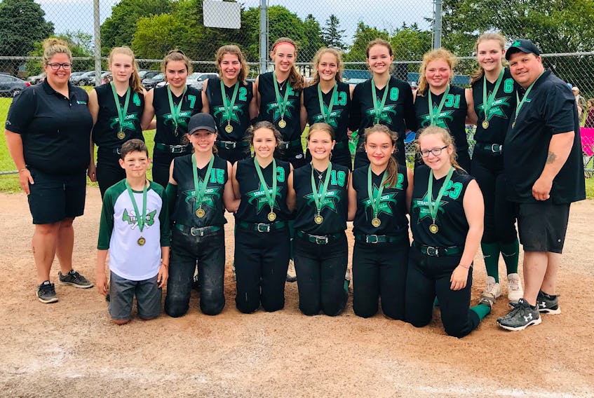 The P.E.I. Stars won the combined under-14/under-16 division of the Summerside Showdown fastpitch tournament in Slemon Park on Sunday. Team members of the Stars are, front row, from left, bat boy Kale Thistle, Sophia Jeffery, Gracie Hackett, Lindsey Drover, Kyah Kennedy and Taylor Blackmore. Second row, assistant coach Caley McDonald, Andrea Caron, Kylee Campbell, Brenna Ing, Ashley Cullen, Emily Thistle, Charli Arsenault, Zoe Stewart, Darcie Kelly and head coach George Drover.