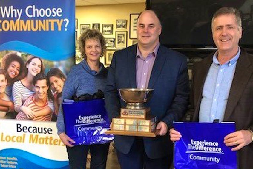 The Community Credit Union is sponsoring the Nova Scotia U18 curling championships, hosted by Truro Curling Club. From left, Jill Linquist, club president; Dave Ritcey, CCU director community and business development; and D’arcy McDonah, host chairman.